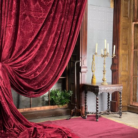 Curtain 9, Burgundy with dark pattern and Trim 5.7m (19’) long (3 separate curtains) - RENTAL ONLY