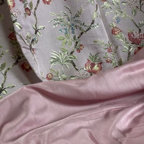 Curtain 32 Pink Floral Silk, Lined with trim 4.4 m (14’6”) (1 Pair)- RENTAL ONLY