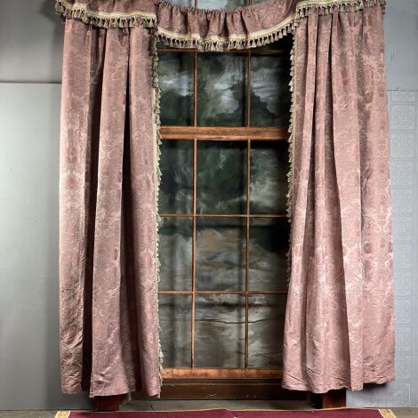 Curtain 13, Pink with Pattern, lining, trim & Matching Pelmet 2.8 m (9') long (1 Pair) - RENTAL ONLY