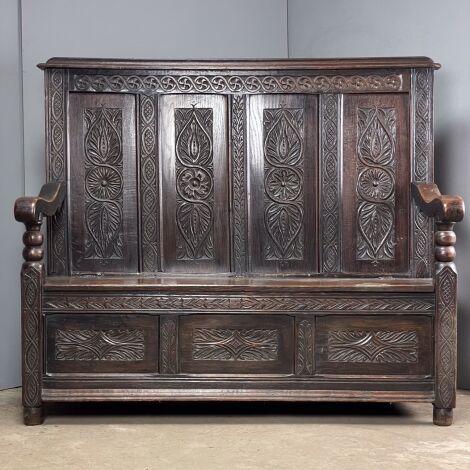 Antique Carved Oak Box Settle  - RENTAL ONLY