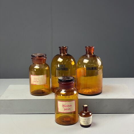 Amber Glass Medicine bottles (x5) - RENTAL ONLY