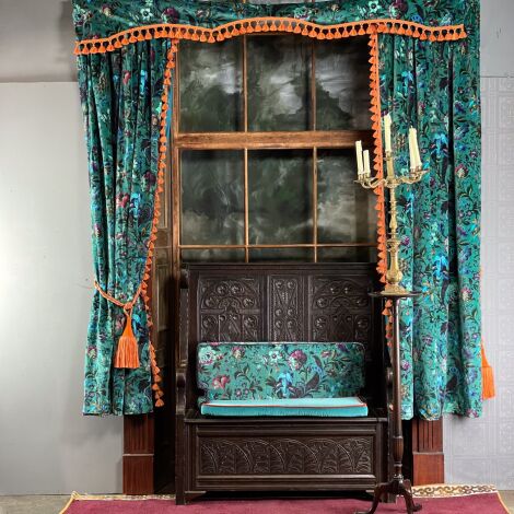 Curtain 30 Turquoise floral, Lined with trim & Matching Pelmet. Tallest 2.4 m (8’) (4 Pairs)- RENTAL ONLY