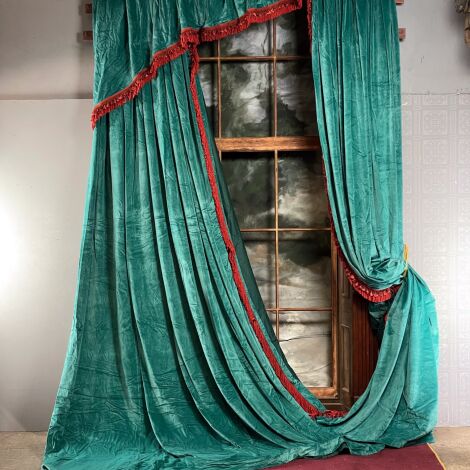 Curtain 29 Turquoise, Lined with red trim & Matching Pelmet 4.1 m (13’6”) (1 Pair) - RENTAL ONLY