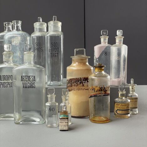 Glass Apothecary Bottles with Glass Stoppers Selection (x21) - RENTAL ONLY