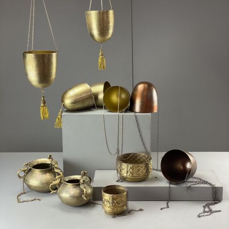 Hanging Brass Jardinière Selection (x11) - RENTAL ONLY