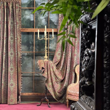 Curtain 3, Curtain 3, Burgundy and Sage Patterned with Trim 2.75m (9’) long - RENTAL ONLY