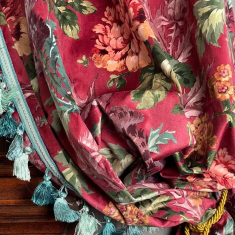 Curtain 31 Red floral Silk, Lined with trim & Matching Pelmets. Tallest 2.8 m (9’) (6 Pairs) - RENTAL ONLY